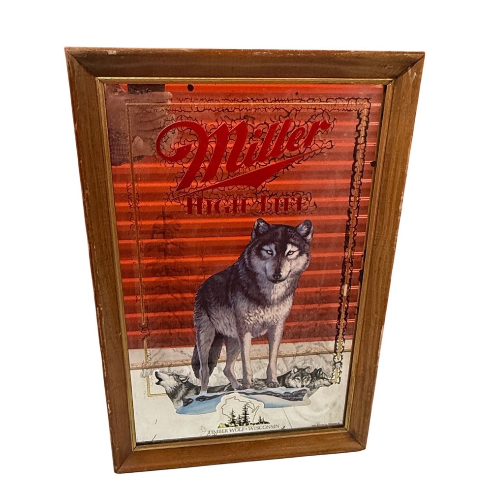 Vintage Miller High Life Beer Mirror Timber Wolf Wisconsin Bar Sign Wood Frame